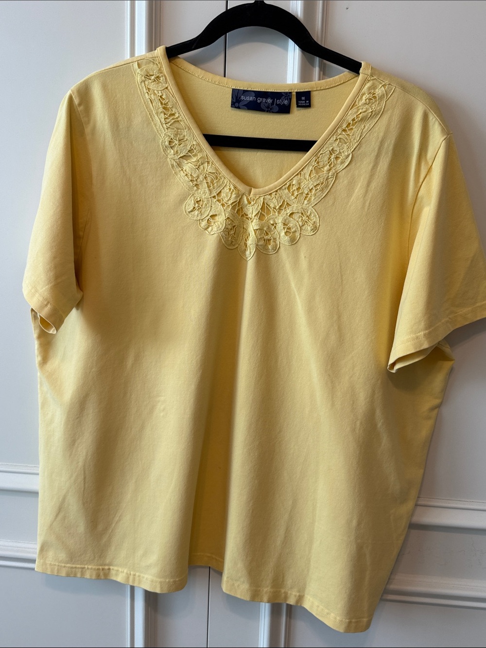 Susan Graver Pale Yellow V-Neck Short Sleeve Top with Floral Embroidery